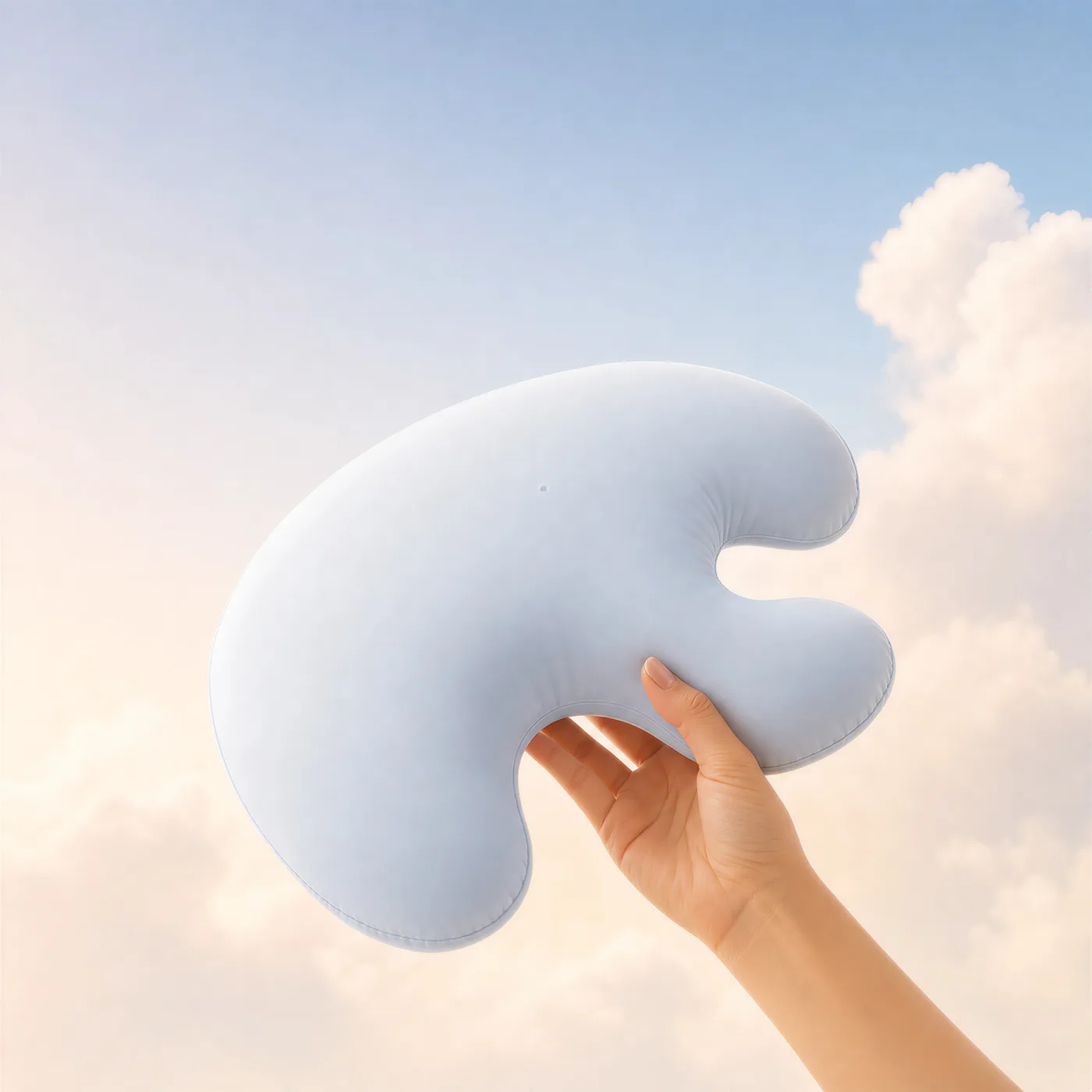 The Booney ergonomic children's pillow, held up against a soft sky